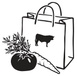 Logo for isham family farm's farmer's market with a black and white shopping bag and tomato in front