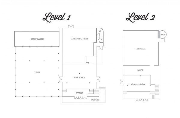 floor plan of the Isham Family Farm event barn showing tent, turf patio, catering prep area, stage, terrace, bar, and loft.