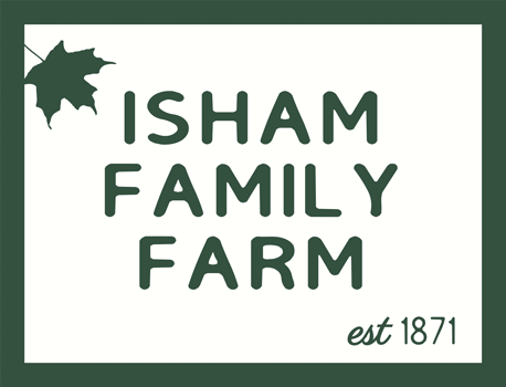 Old Isham Family Farm logo with green text and maple leaf, established 1871.
