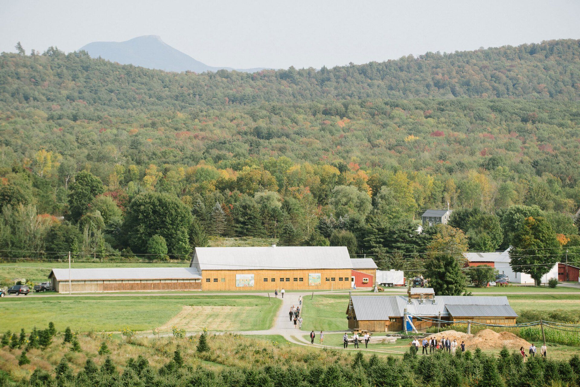 Aerial view of Isham Family Farm in Williston, Vermont during fall foliage, with the barn and Camel’s Hump in the background.