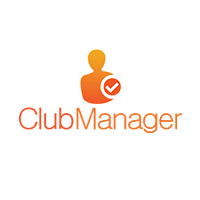 A logo for a company called club manager with a person and a check mark.