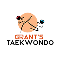The logo for grant 's taekwondo shows a person kicking a ball.
