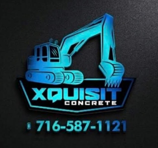 Logo for XQUISIT CONCRETE with a blue excavator illustration, company name, and phone number 716-587-1121 on black.