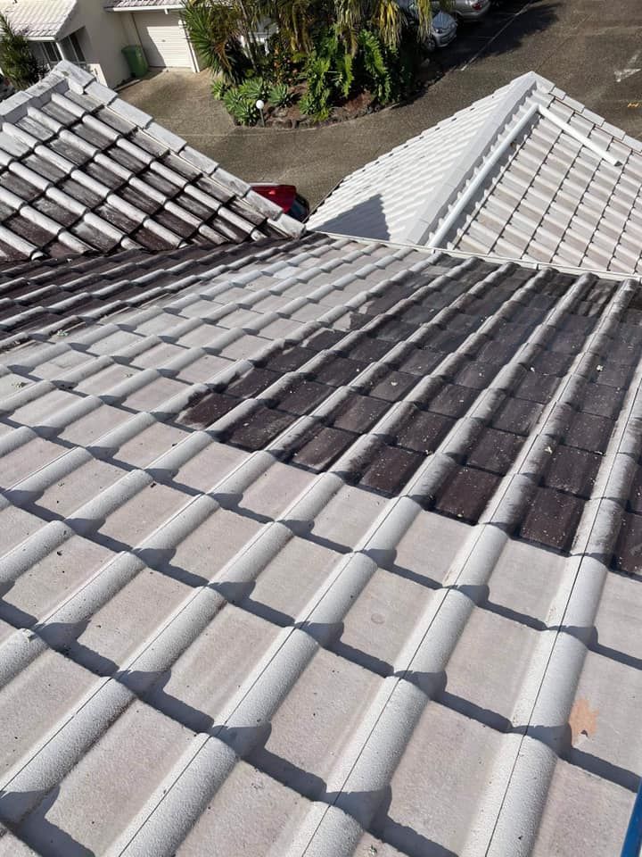 Overhead view of a tiled roof with dark streaks of mold or algae growth.