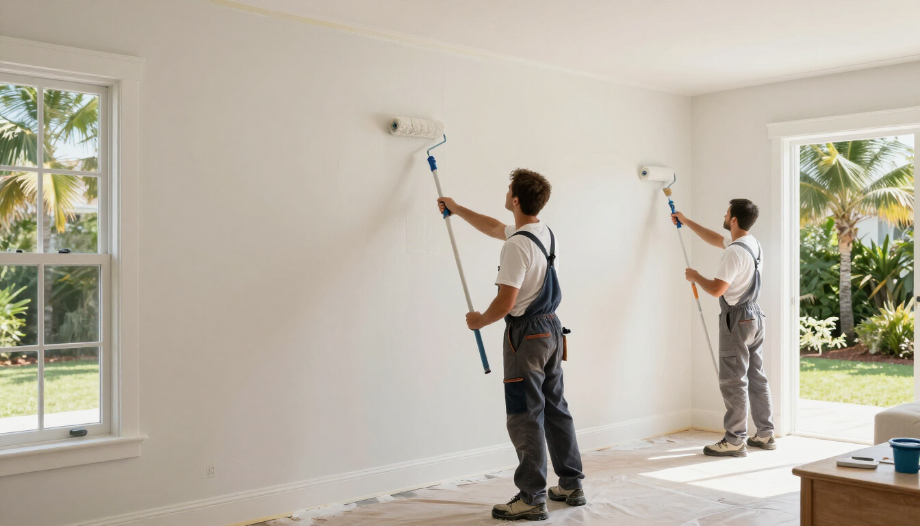Professional interior painters applying an even coat to a family home wall
