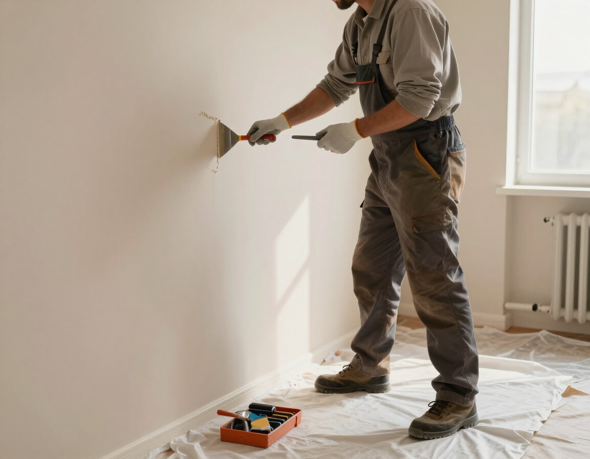 Painter preparing an interior wall by filling small imperfections before painting