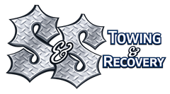 S&S Towing & Recovery logo with metallic silver letters and blue text on white background