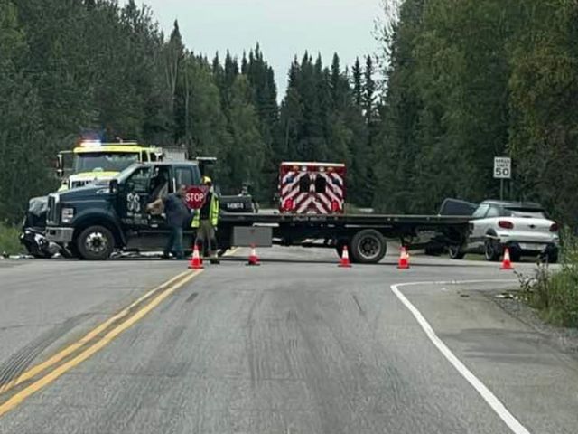 Police vehicles and cones block a forest road after a roadside incident.