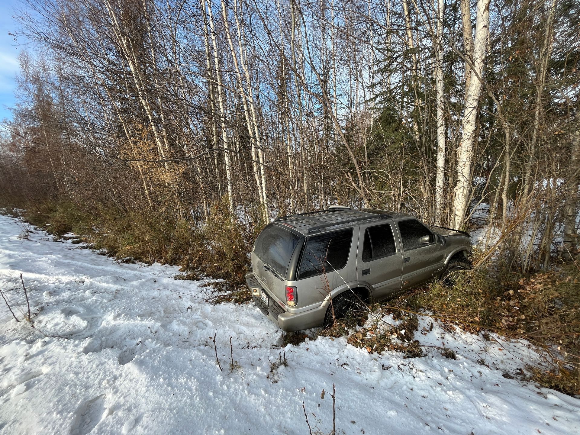 Silver SUV stuck in snowy roadside ditch beside leafless trees