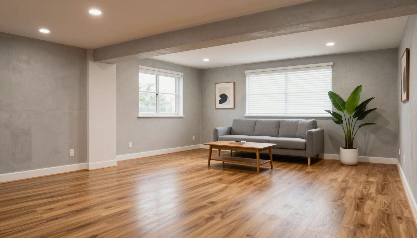 A clean and dry waterproofed basement used as a living room