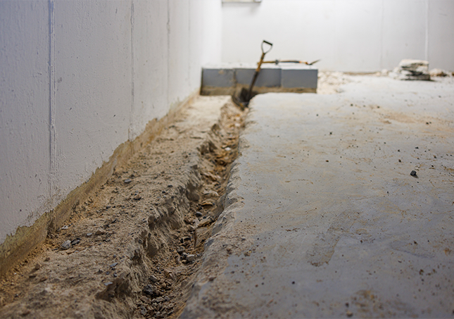 Trench of dirt and debris along a concrete floor beside a wall, with a shovel in the background.
