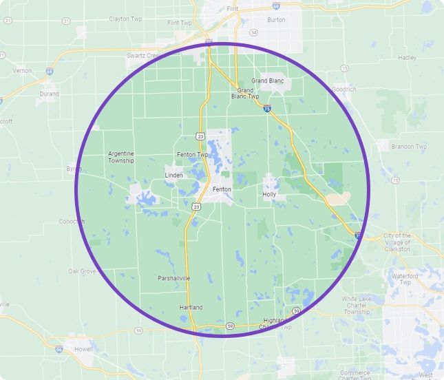 Map with a large purple circle highlighting an area around a central lake and roads
