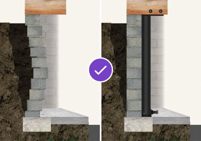 Side-by-side cutaway of a wall foundation: uninsulated left, insulated right with a purple check mark.
