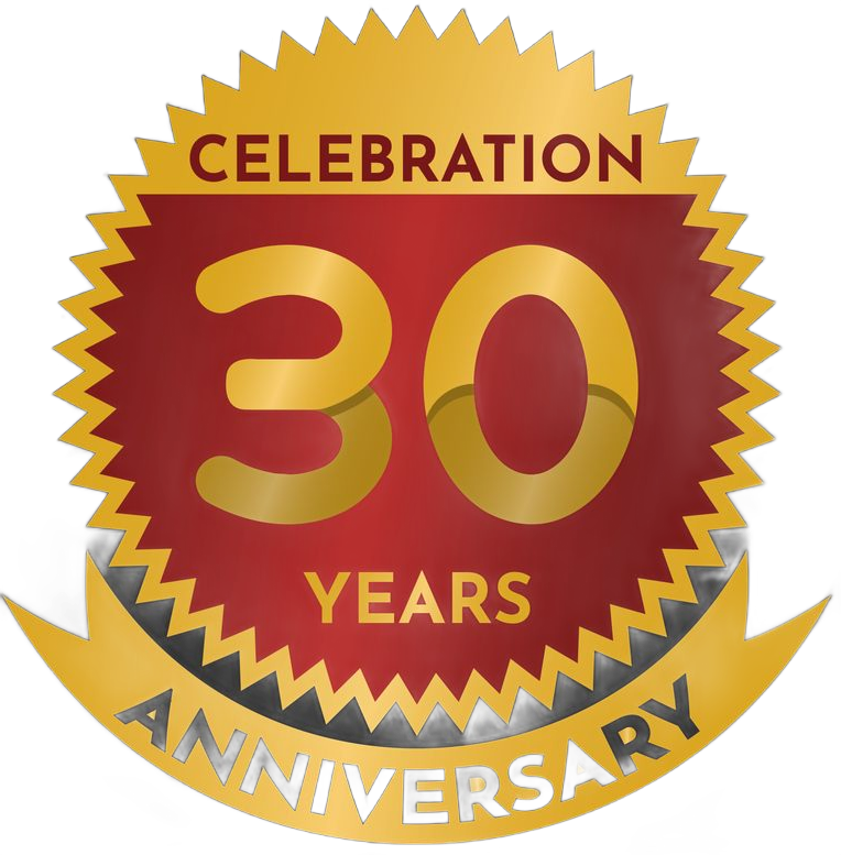 Gold and red 30th-anniversary celebration logo.