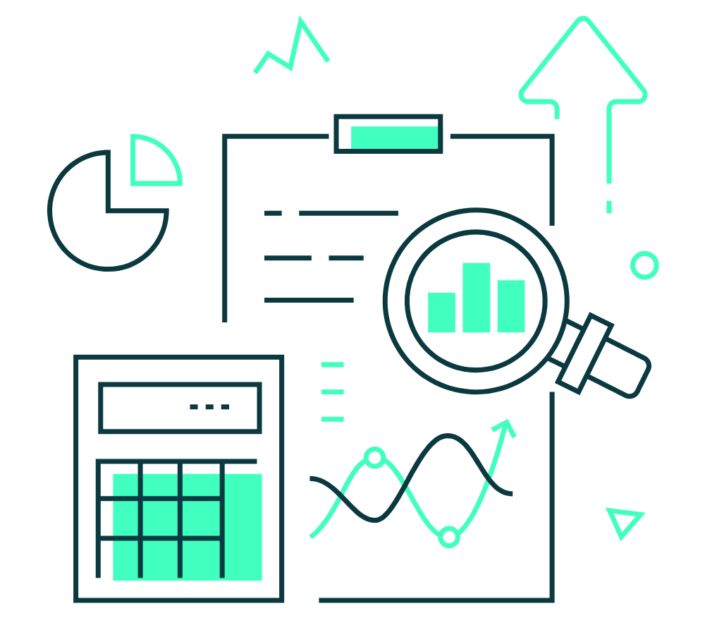 A line drawing of a magnifying glass , a calculator , and a graph.