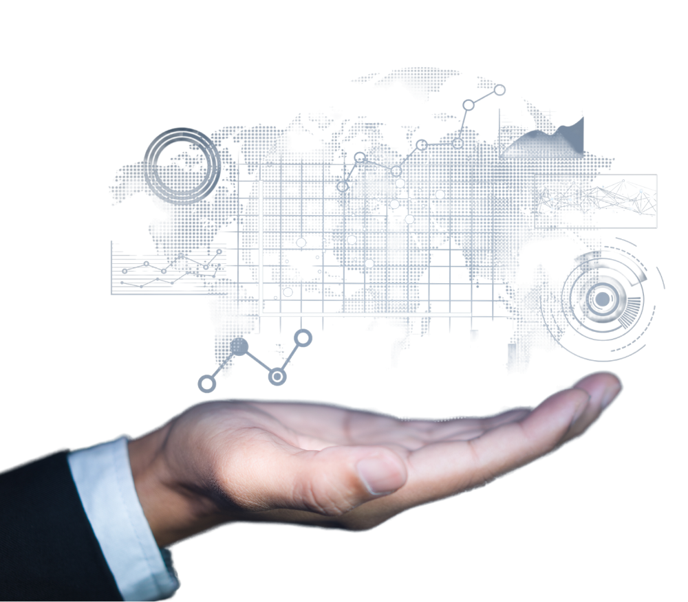A hand is holding a map of the world and graphs.