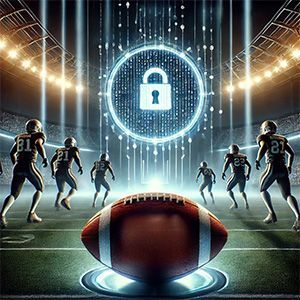 Football players on a field, illuminated by stadium lights and a digital security padlock above the ball.
