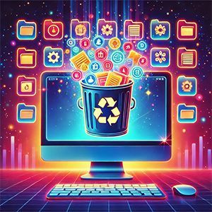 Computer screen with a trash bin icon, files & app icons, glowing blue and yellow.