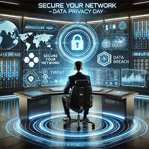 A person working to secure a network with data privacy day graphic. Blue glowing elements.