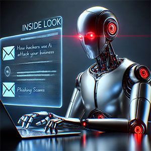 AI robot with glowing red eyes typing on laptop, 