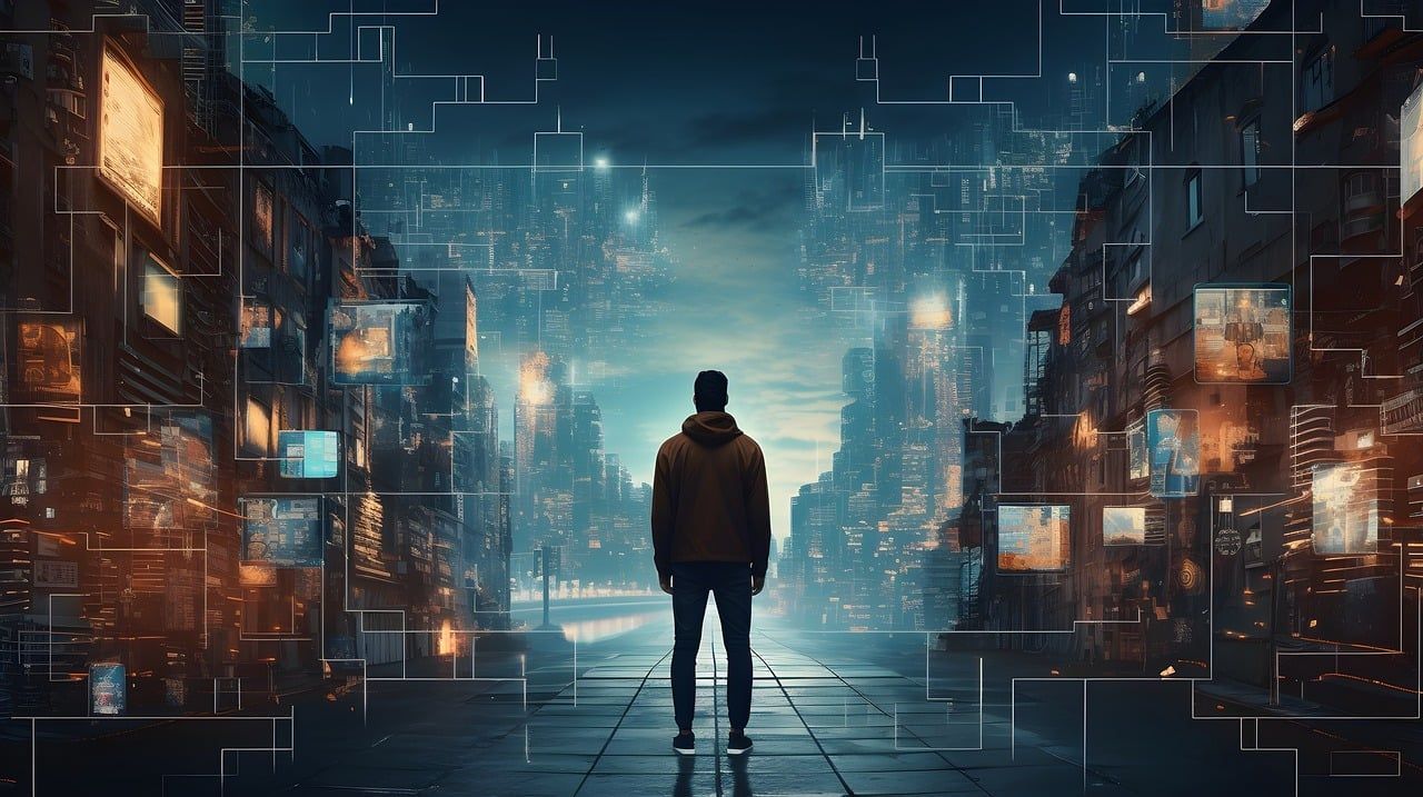 A lone figure stands in a futuristic city street, facing a digital cityscape with glowing lines.
