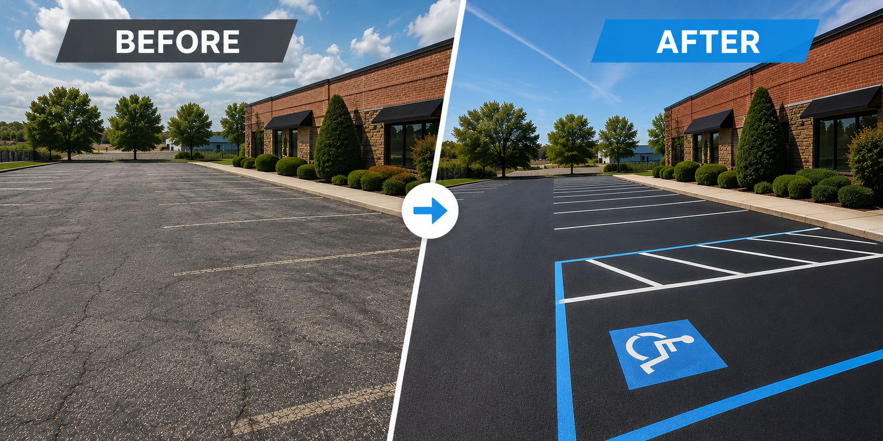 Before parking lot in front of brick building-AFTER sealed and freshly painted markings including parking and handicap