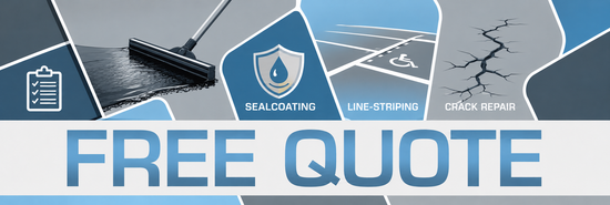 Blue, gray and white Free Quote form with images of sealcoating squeegee, parking stripes, cracked asphalt.