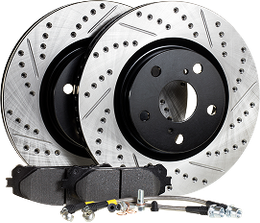 Perforated silver and black brake rotors with a brake pad set and hardware on a white background