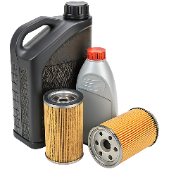 Assorted motor oil containers and two oil filters on a white background