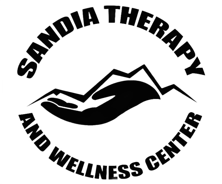 A black and white logo for sandia therapy and wellness center