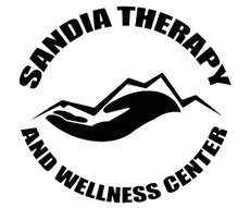A black and white logo for sandia therapy and wellness center