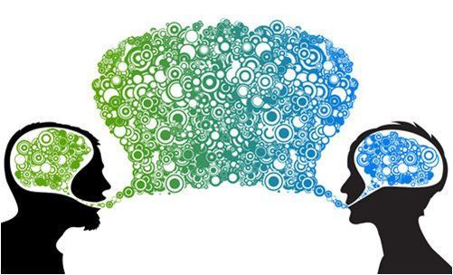 Illustration of two people communicating with thought patterns, symbolizing effective communication. 