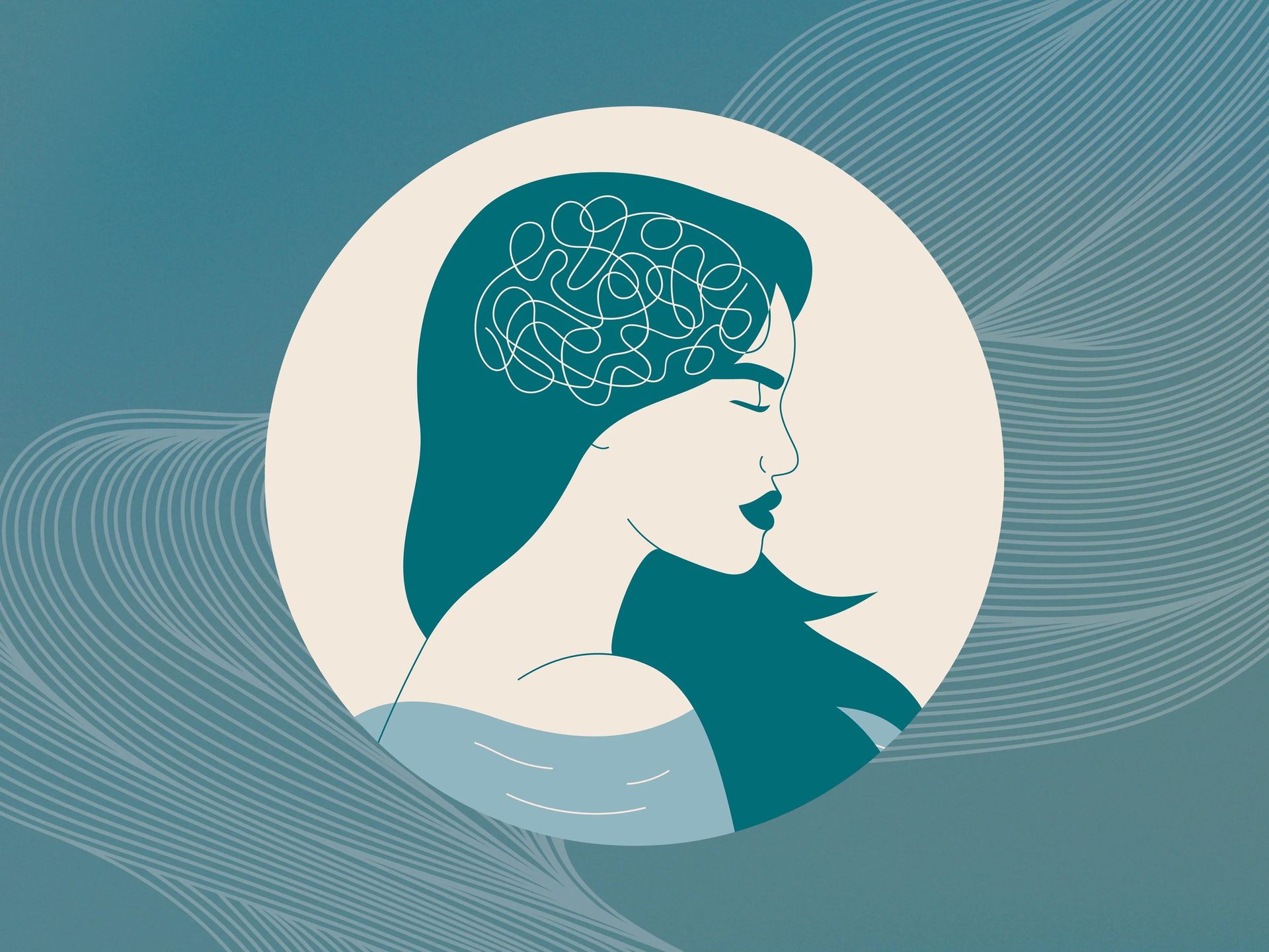 Illustration of a woman with tangled lines in her head, symbolizing ADHD challenges