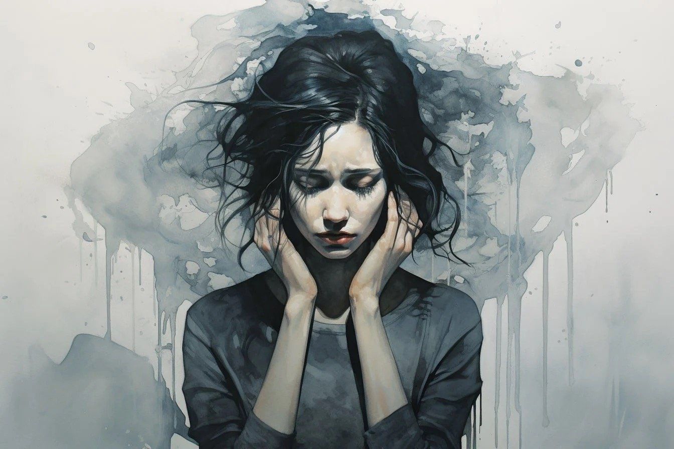 Woman with eyes closed holding her head, surrounded by dark clouds, showing signs of anxiety..