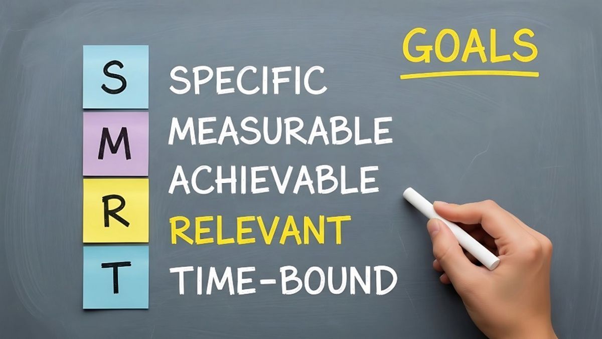 Chalkboard showing the SMART method for setting mental health and wellness goals in Albuquerque.