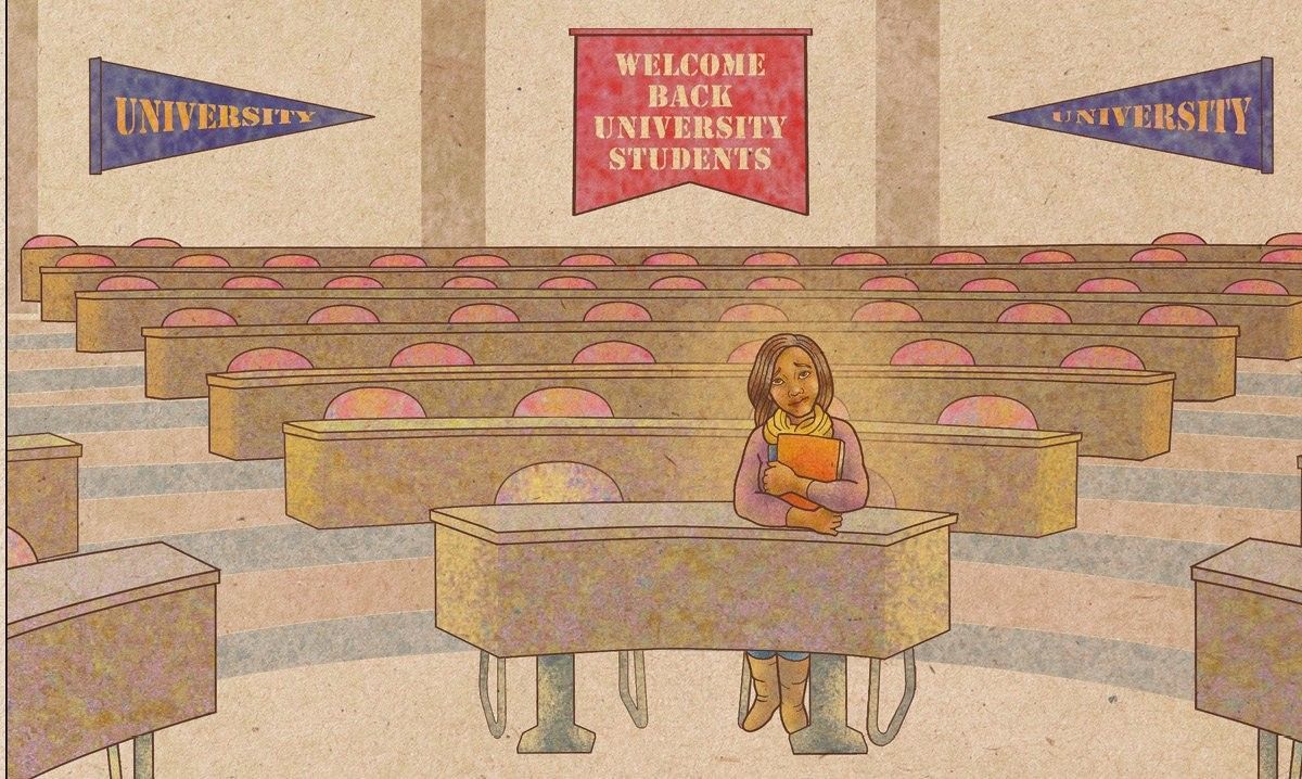 University lecture hall illustration for student mental health services in Albuquerque, New Mexico.