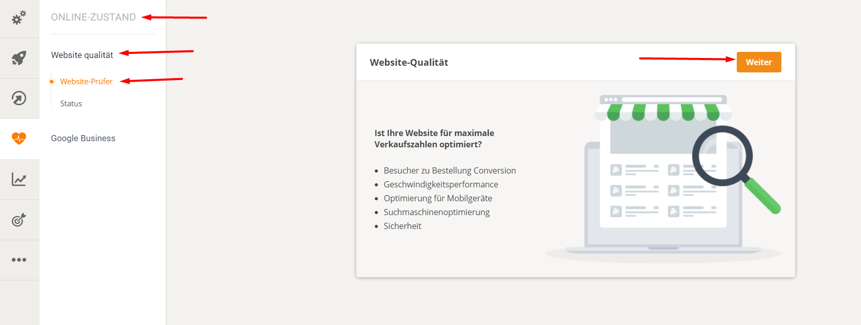 Dashboard-Oberfläche mit Text, Checklisten-Illustration und einer Lupe.