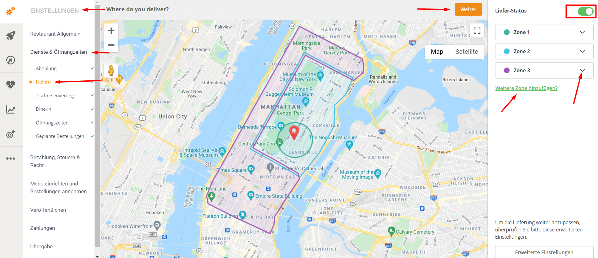 Karte von New York City mit einem ausgewählten, rot, rosa und grün umrandeten Bereich sowie einem Seitenfeld mit Optionen.