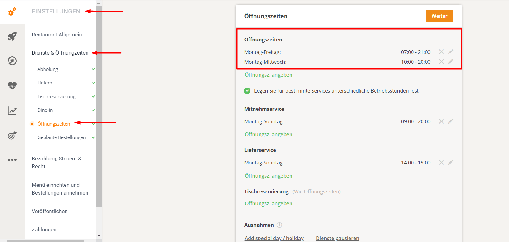 Einstellungsseite mit aktivierter Option „E-Mails empfangen“, ausgewähltem „Freitag“ und „Laufendes Meeting“.