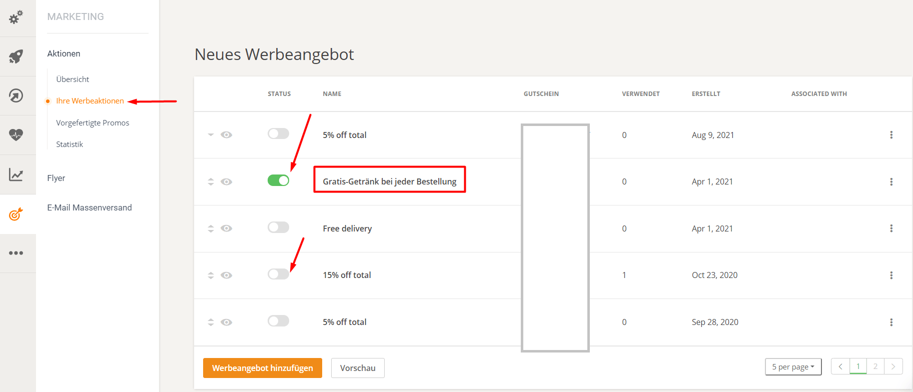A webpage shows a list with a toggle turned on, labeled