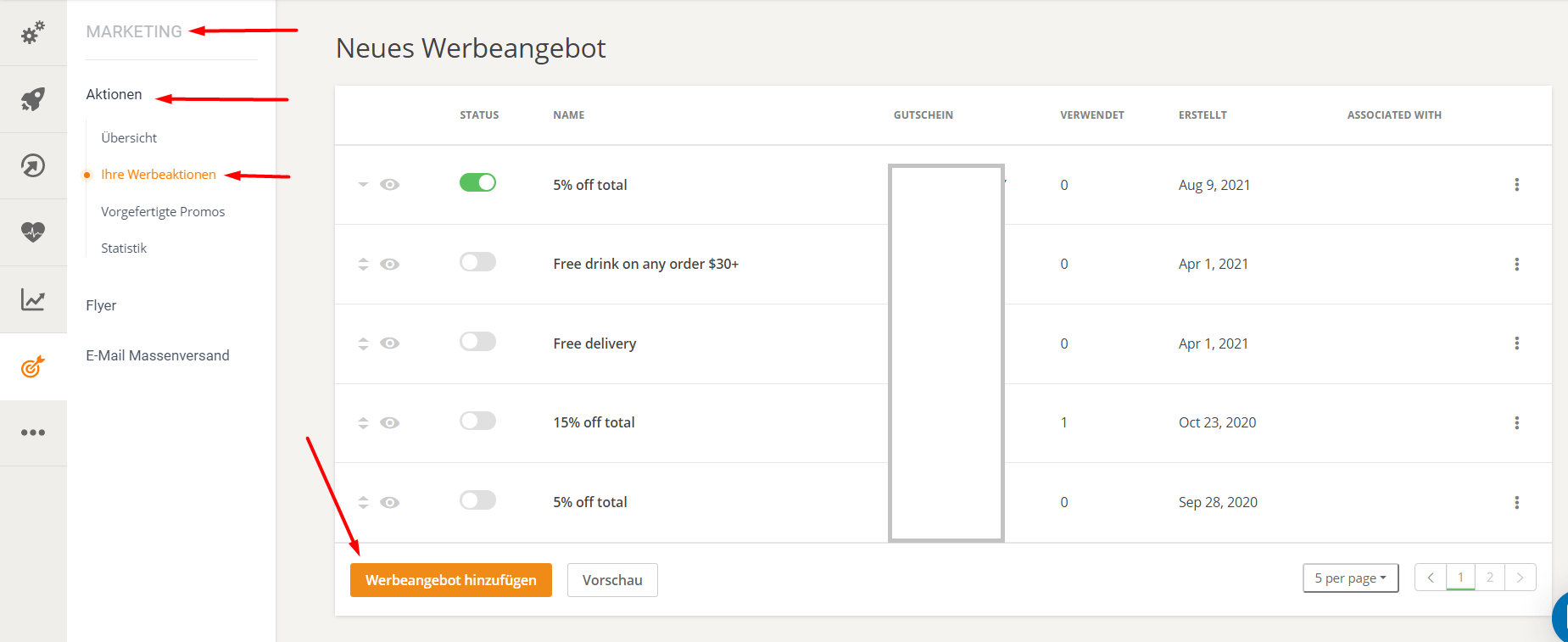 Screenshot einer Webseite mit einer Liste von Einstellungsoptionen und einem Button „Neue Einstellung hinzufügen“.