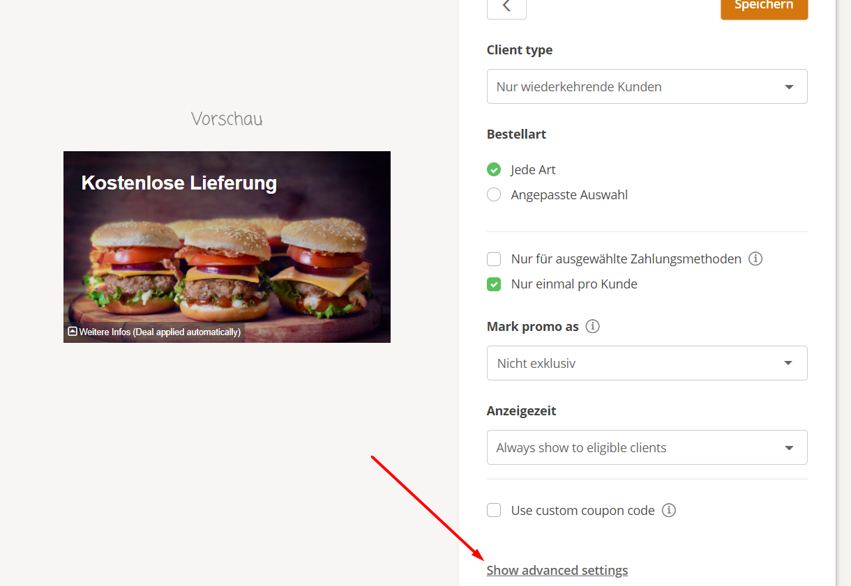 Screenshot einer Benutzeroberfläche zur Einrichtung eines Essenslieferdienstes mit einem Burgerbild und Optionen zur Angabe der verfügbaren Dienste.
