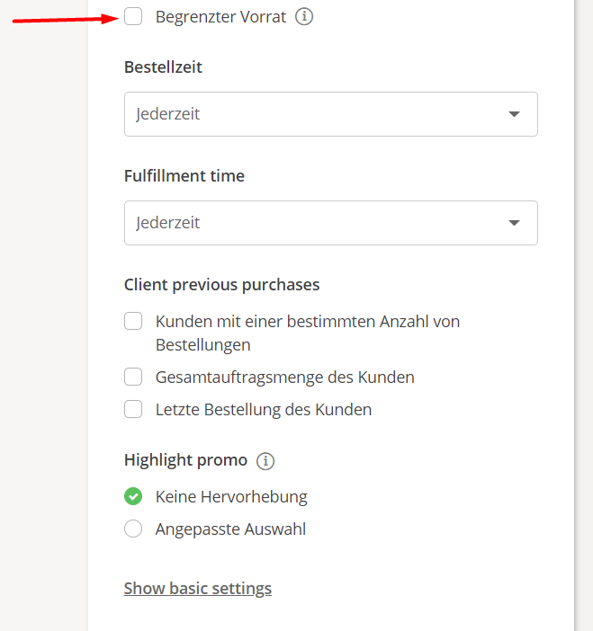 Formular mit Optionen für Produkteinstellungen, einschließlich Verfügbarkeit und Hervorhebung.