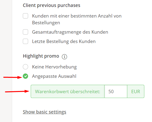 Screenshot eines Website-Formulars, bei dem für Bestellungen über 50 € die Option „Highlight Promo“ ausgewählt ist.