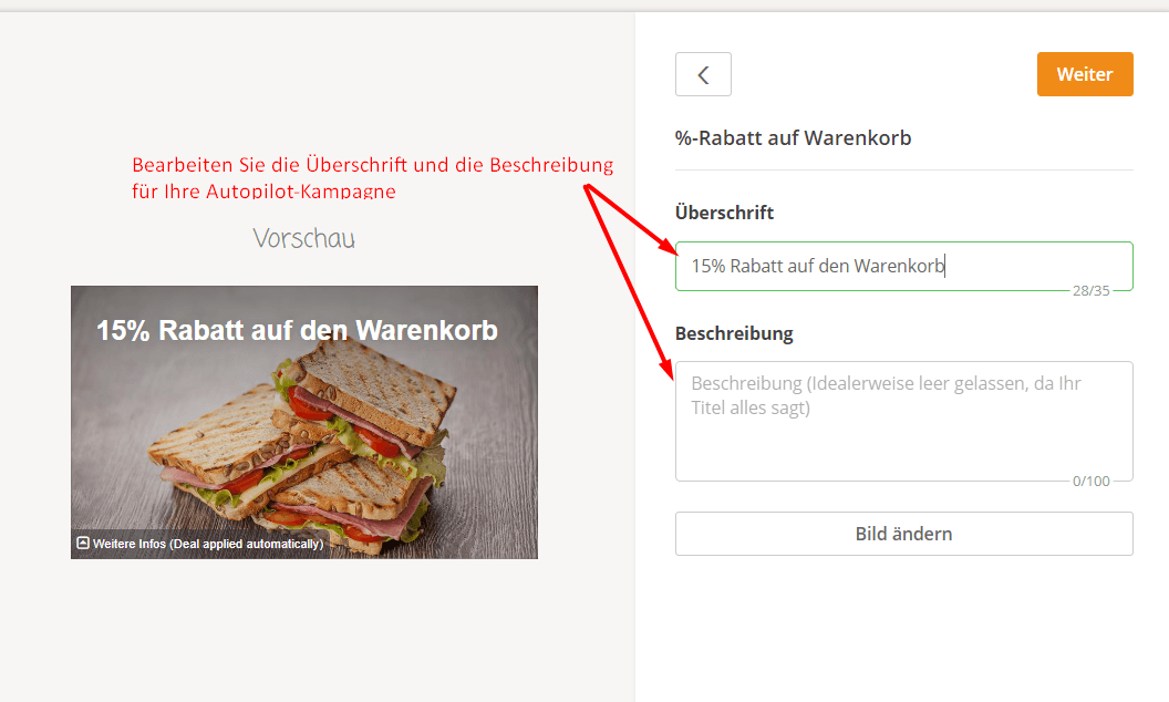 Werbe-E-Mail mit einem Sandwich und einem Rabattangebot.