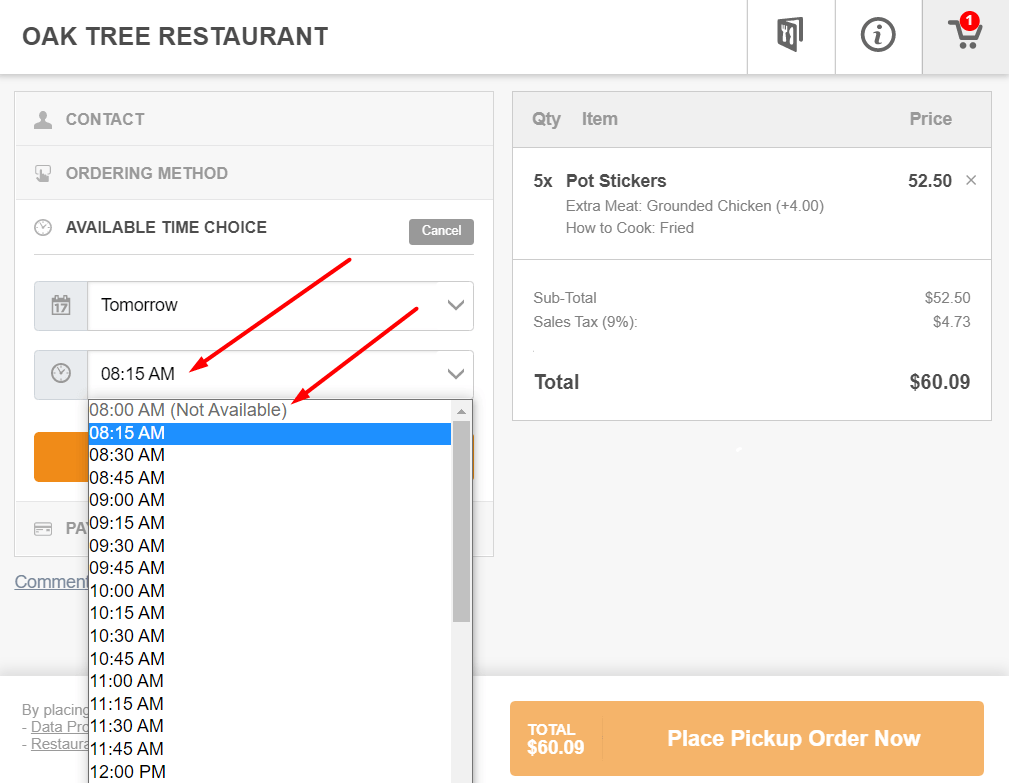 Screenshot des Online-Bestellsystems eines Restaurants. Der Nutzer wählt eine Abholzeit: 8:15 Uhr.