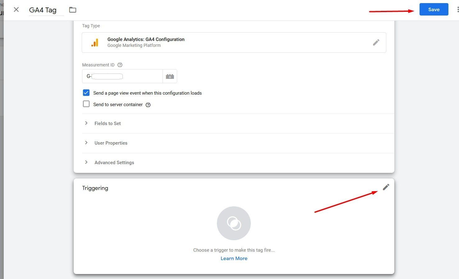 Ein Screenshot der Google Tag Manager-Einstellungen. Der Bereich „Tags“ ist geöffnet, und die Tag-Konfiguration wird gerade durchgeführt. Ein grünes Bearbeitungssymbol ist hervorgehoben.
