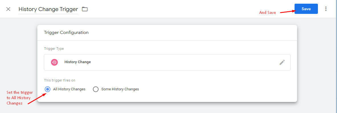 Screenshot eines Formulars mit Triggerkonfigurationsoptionen: „Neues Ereignis“ ist ausgewählt. Die Schaltfläche „Speichern“ ist hervorgehoben.