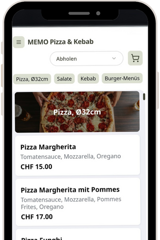 Mobile App mit Pizza-Menü: Margherita Pizza, CHF 15.00, Margherita mit Pommes, CHF 17.00.