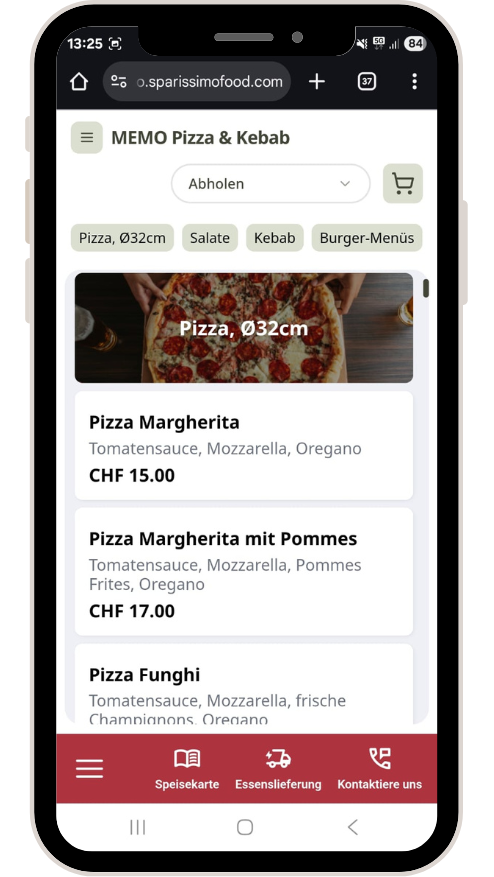 Bildschirm einer mobilen App mit einer Pizza-Speisekarte: Margherita, Margherita mit Pommes, Funghi, mit Preisen in CHF.